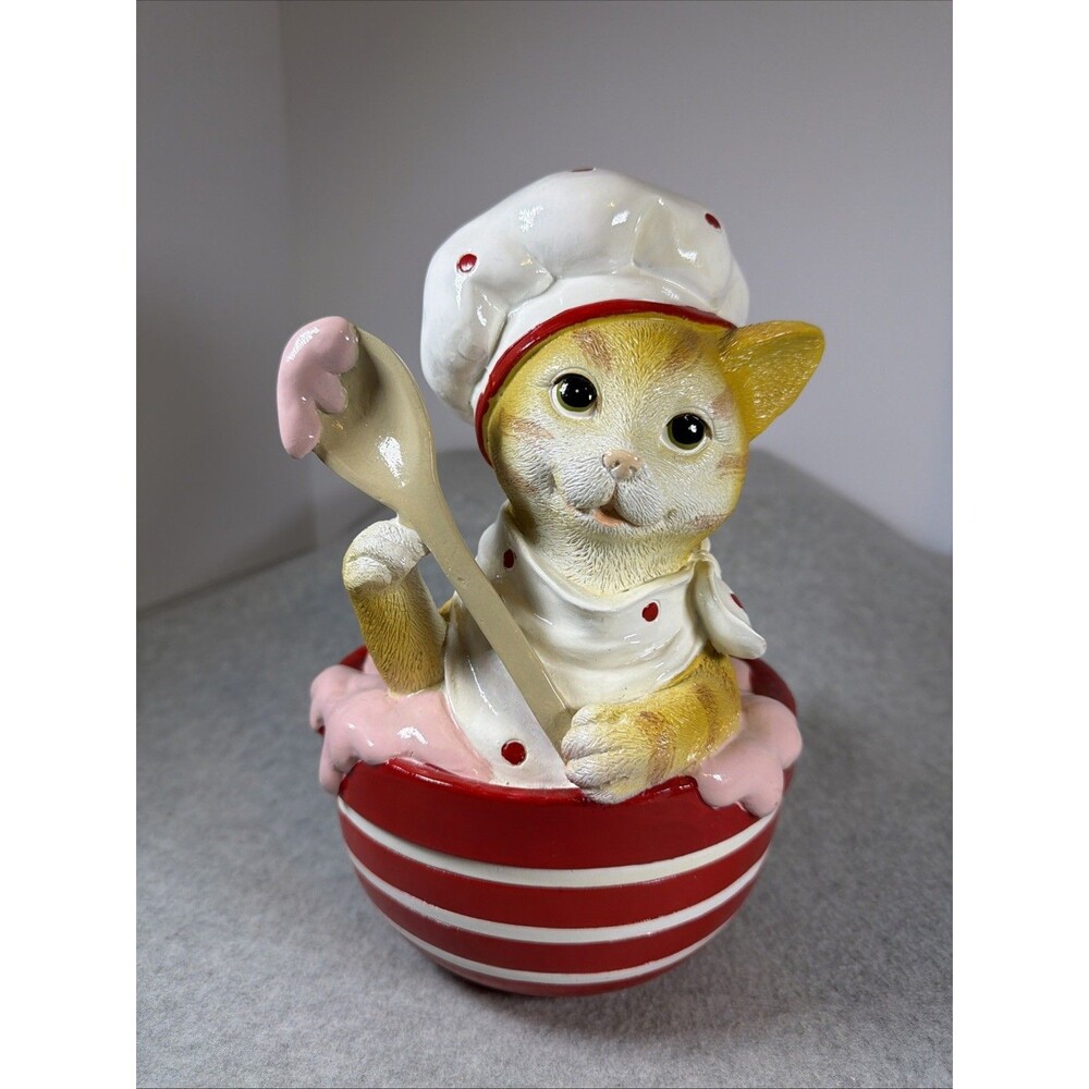 Peppermint Square Red Pink Christmas Baking Orange Cat In Bowl Resin Figurine